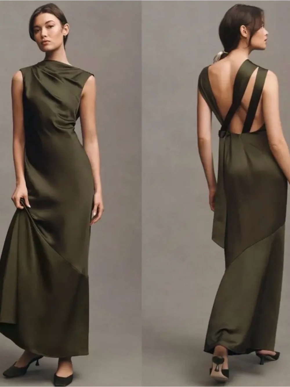 Significant Other Lana Cowl-Neck Tie-back Satin Maxi Dress | Olive | US Size 4